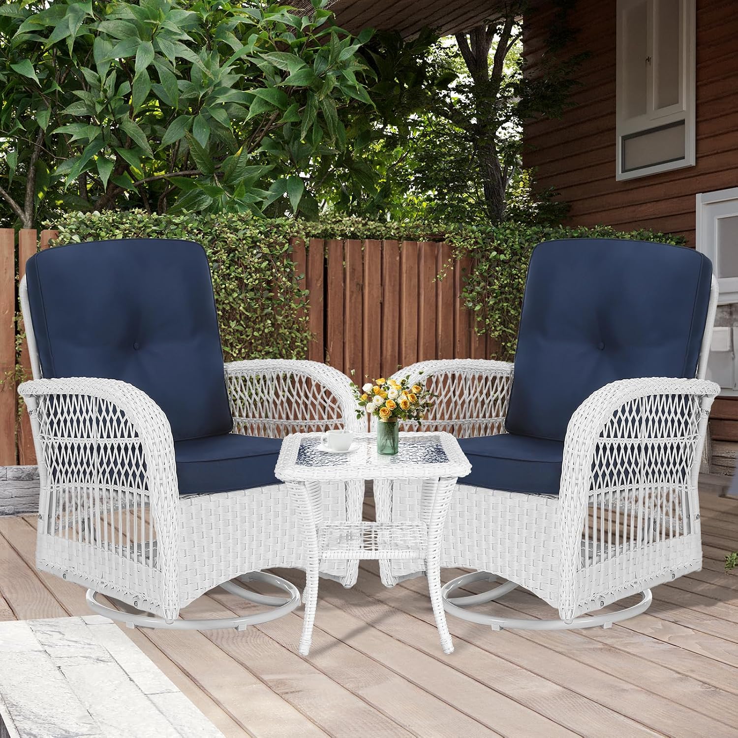 MEETWARM 3 Pieces Outdoor Wicker Swivel Rocker Patio Set, Rocking Chairs Rattan Patio Furniture Sets with Thickened Cushion and Glass-Top Coffee Table, Conversation Bistro Set, White Wicker/Navy