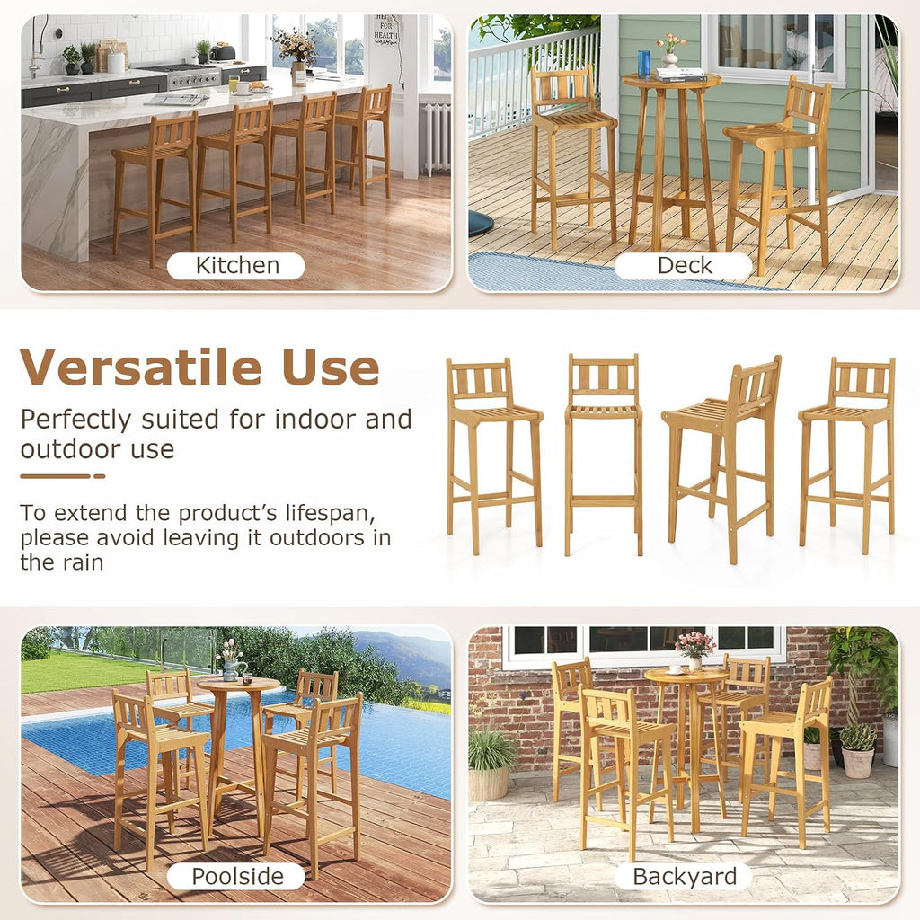 Tangkula Teak Wood Bar Stool, 30' Bar Chair with Footrest & Backrest, Wooden Bar Height Chair, Patio Furniture for Deck, Poolside & Garden, Natural (1)