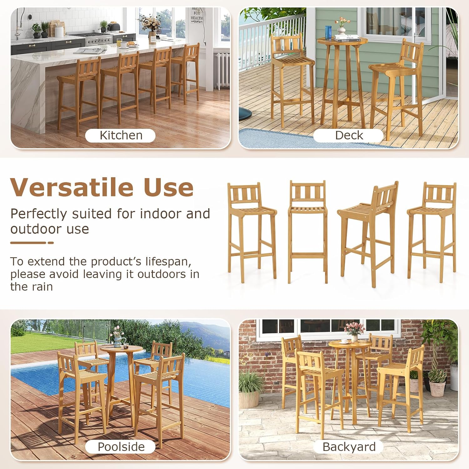 Tangkula Teak Wood Bar Stool, 30' Bar Chair with Footrest & Backrest, Wooden Bar Height Chair, Patio Furniture for Deck, Poolside & Garden, Natural (1)