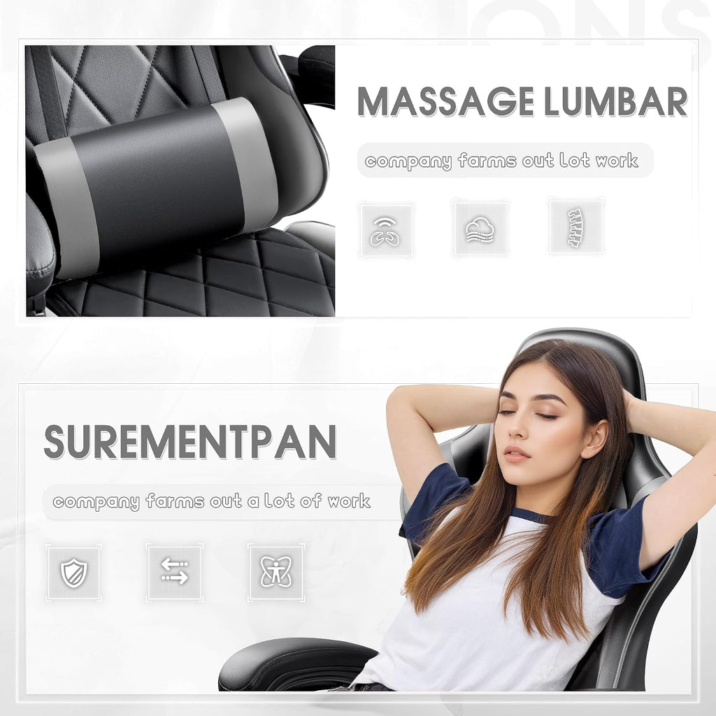Shahoo Gaming Chair with Footrest and Massage Lumbar Support, Ergonomic Office Computer Seat Height Adjustable with Headrest, Grey