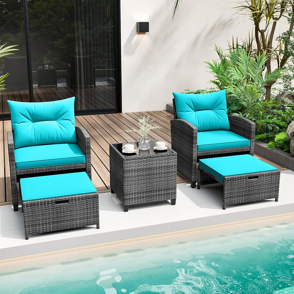 KOTEK 5 Pieces Patio Furniture Set with Ottomans, Wicker Patio Conversation Set with Coffee Table & Cushions, PE Rattan Outdoor Lounge Chairs for Backyard, Porch, Poolside (Mix Grey- Turquoise)