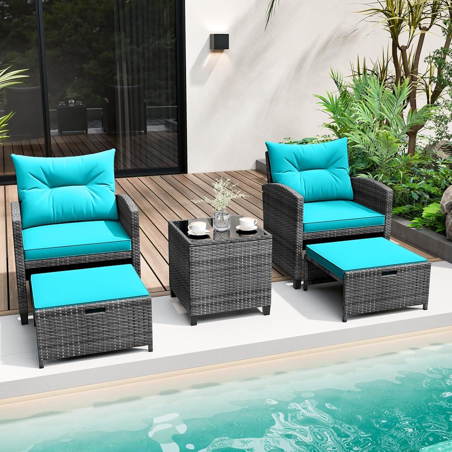 KOTEK 5 Pieces Patio Furniture Set with Ottomans, Wicker Patio Conversation Set with Coffee Table & Cushions, PE Rattan Outdoor Lounge Chairs for Backyard, Porch, Poolside (Mix Grey- Turquoise)