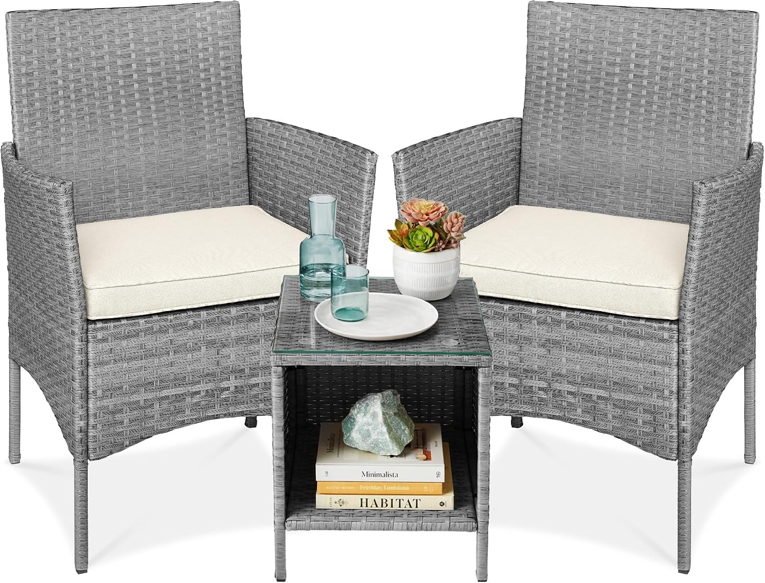 Best Choice Products 3-Piece Outdoor Wicker Conversation Bistro Set, Space Saving Patio Furniture for Garden w/Side Table - Gray/Cream