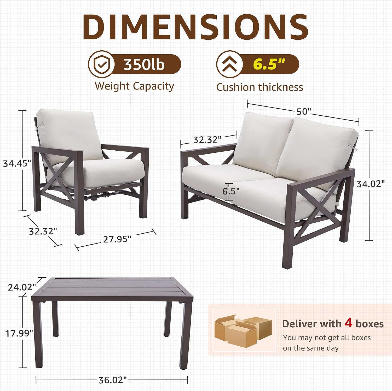 NATURAL EXPRESSIONS Patio Furniture Sets, 4 Pieces Outdoor Furniture Modern Metal Patio Sectional Sofa Conversation Set,2 Motion Rocking Chairs,6.5' Olefin Cushions for Yard,Porch,Poolside