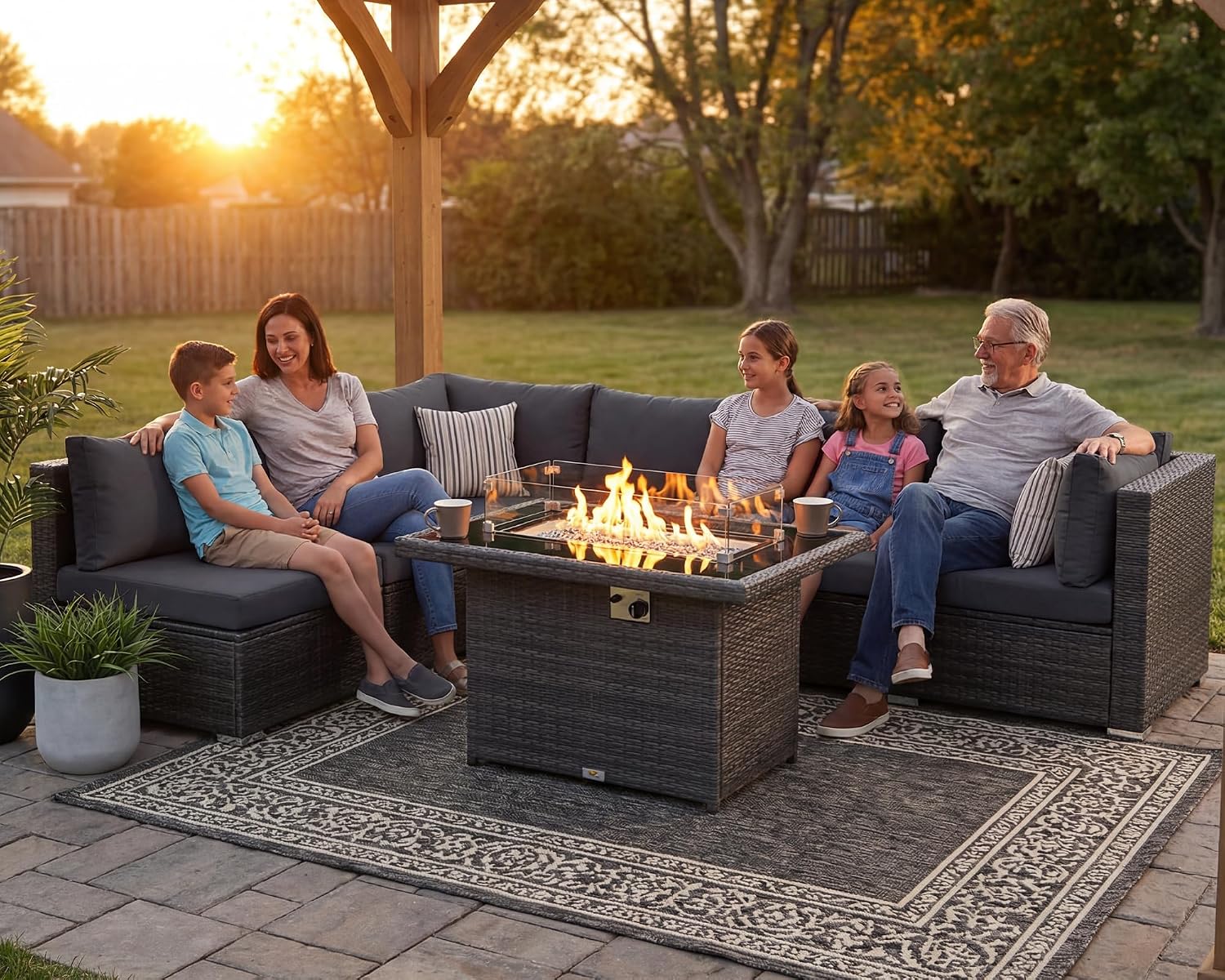 RADIATA 7 Piece Wicker Patio Furniture Set with Fire Pit, All-Weather Outdoor Sectional Couch High Back Large Size, Modular Backyard Seating Sofa Set with Propane/Natural Gas Firepit Table, Dark Gray