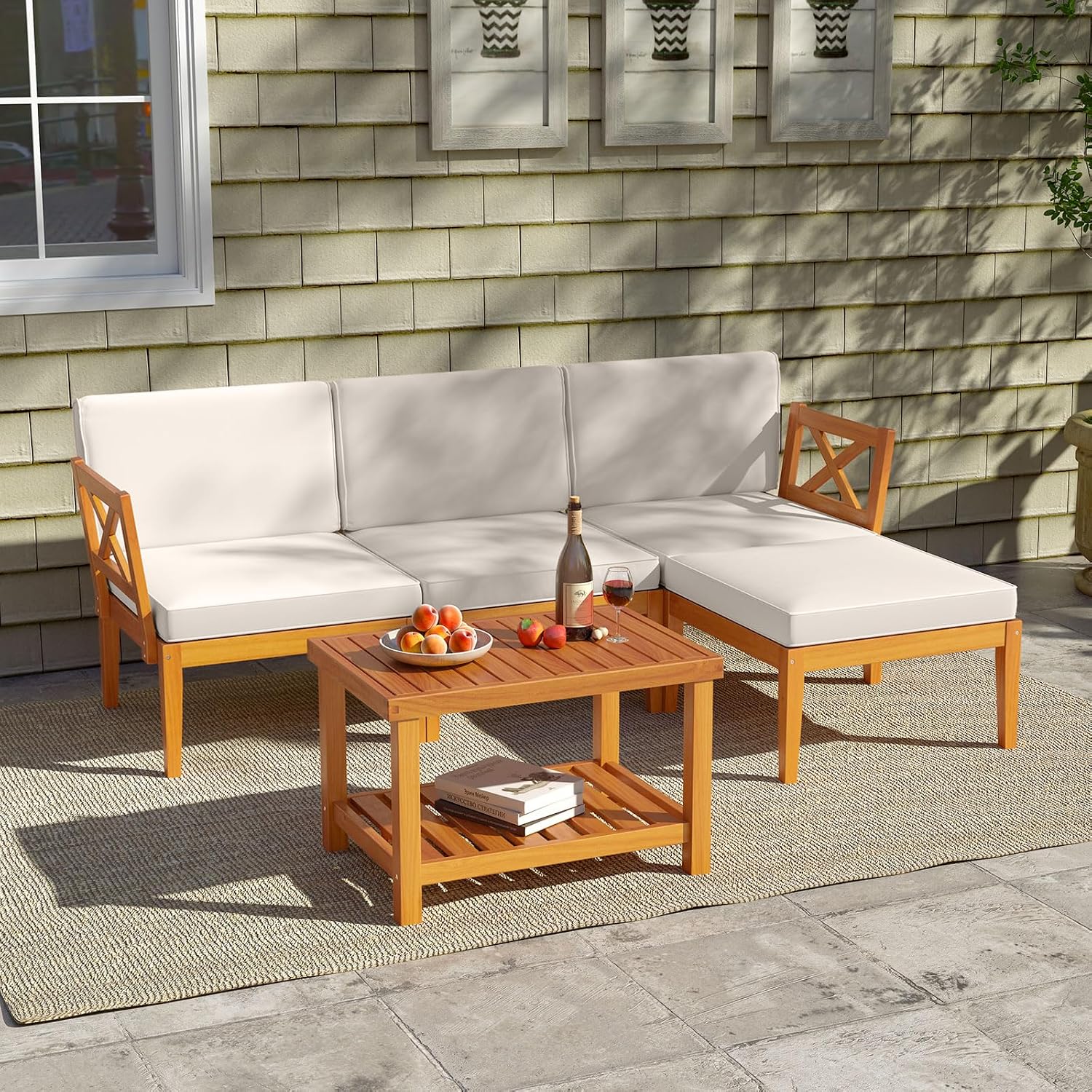 Tangkula L Shaped Outdoor Furniture Set, 5 Pieces Acacia Wood Patio Conversation Set, Modular Outdoor Lounge Sofa Set w/Cushions and Coffee Table for Garden, Backyard, Poolside