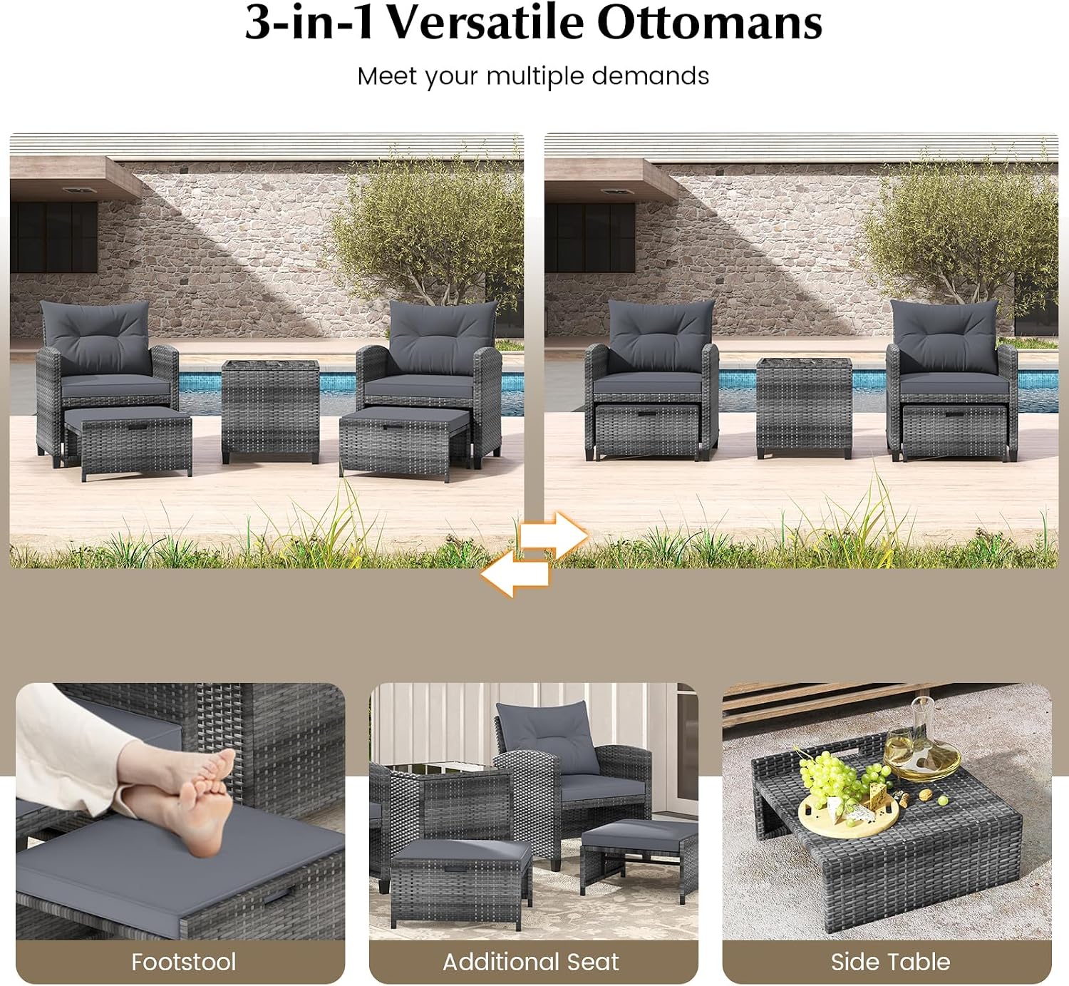 KOTEK 5 Pieces Patio Furniture Set with Ottomans, Wicker Patio Conversation Set with Coffee Table & Cushions, PE Rattan Outdoor Lounge Chairs for Backyard, Porch, Poolside (Mix Grey- Grey)