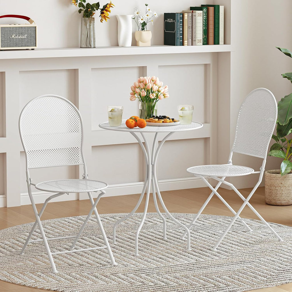 Tangkula 3 Pieces Patio Bistro Set, Metal Table and Folding Chair Set for 2, Outdoor Garden Furniture Set with Round Table & 2 Folding Chairs, Indoor Outdoor Bistro Set for Garden, Yard, Porch (White)