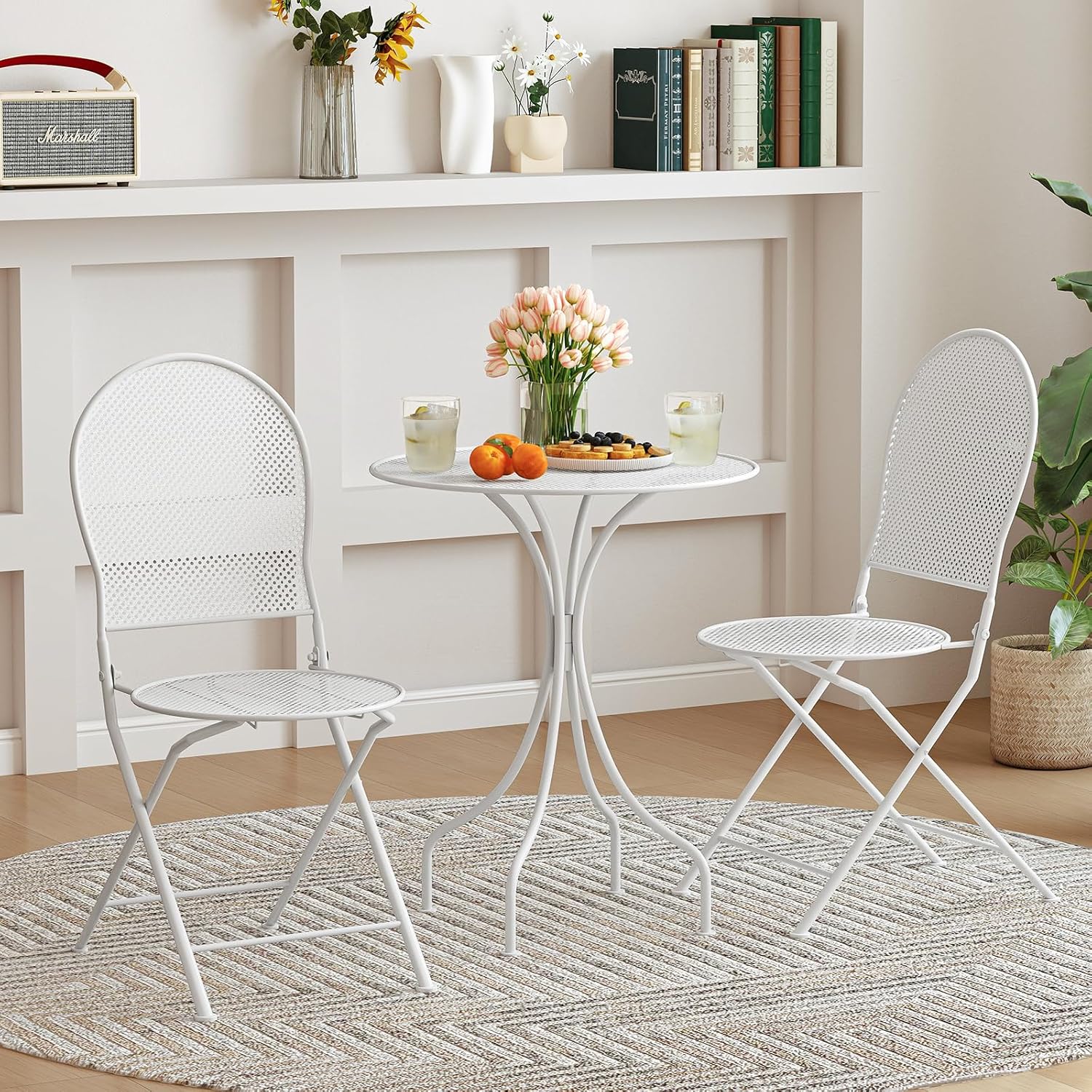 Tangkula 3 Pieces Patio Bistro Set, Metal Table and Folding Chair Set for 2, Outdoor Garden Furniture Set with Round Table & 2 Folding Chairs, Indoor Outdoor Bistro Set for Garden, Yard, Porch (White)