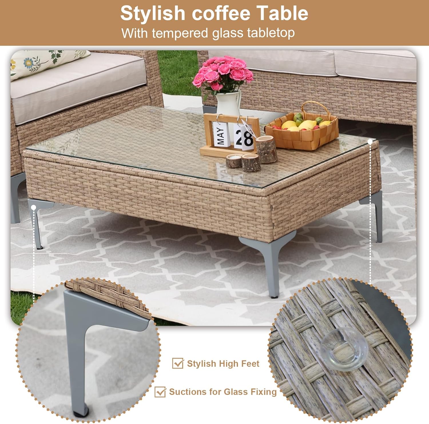 JOYURE 4-Piece Patio Furniture Set,Outdoor Wicker Patio Conversation Set with Tempered Glass Table,All-Weather Rattan Sectional Loveseat&Chairs with Thick Cushions for Garden,Deck,Backyard-Beige