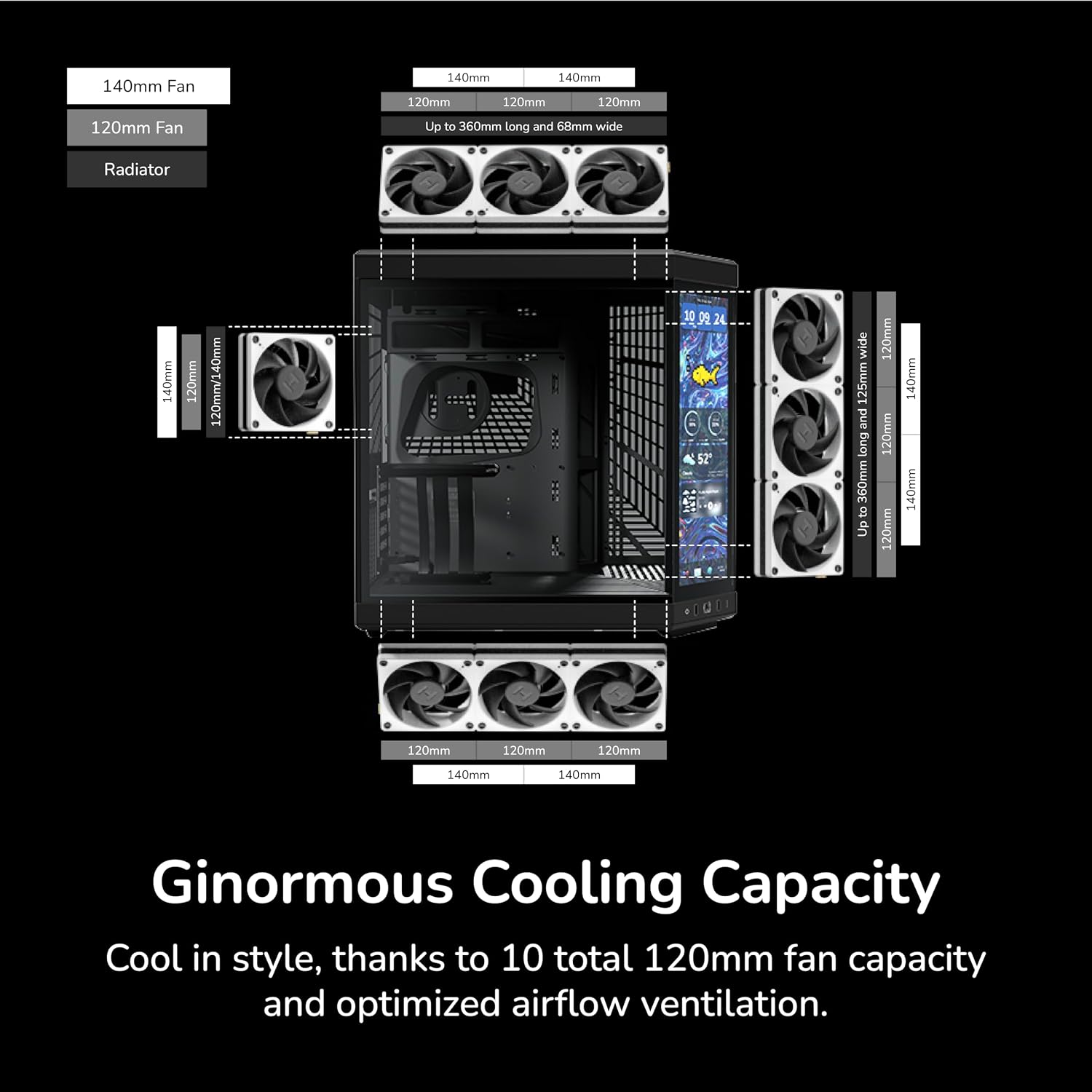 Hyte Y70 Touch Infinite Dual Chamber ATX Mid Tower Modern Aesthetic Case with Integrated 2.5K LCD Touchscreen - Pitch Black