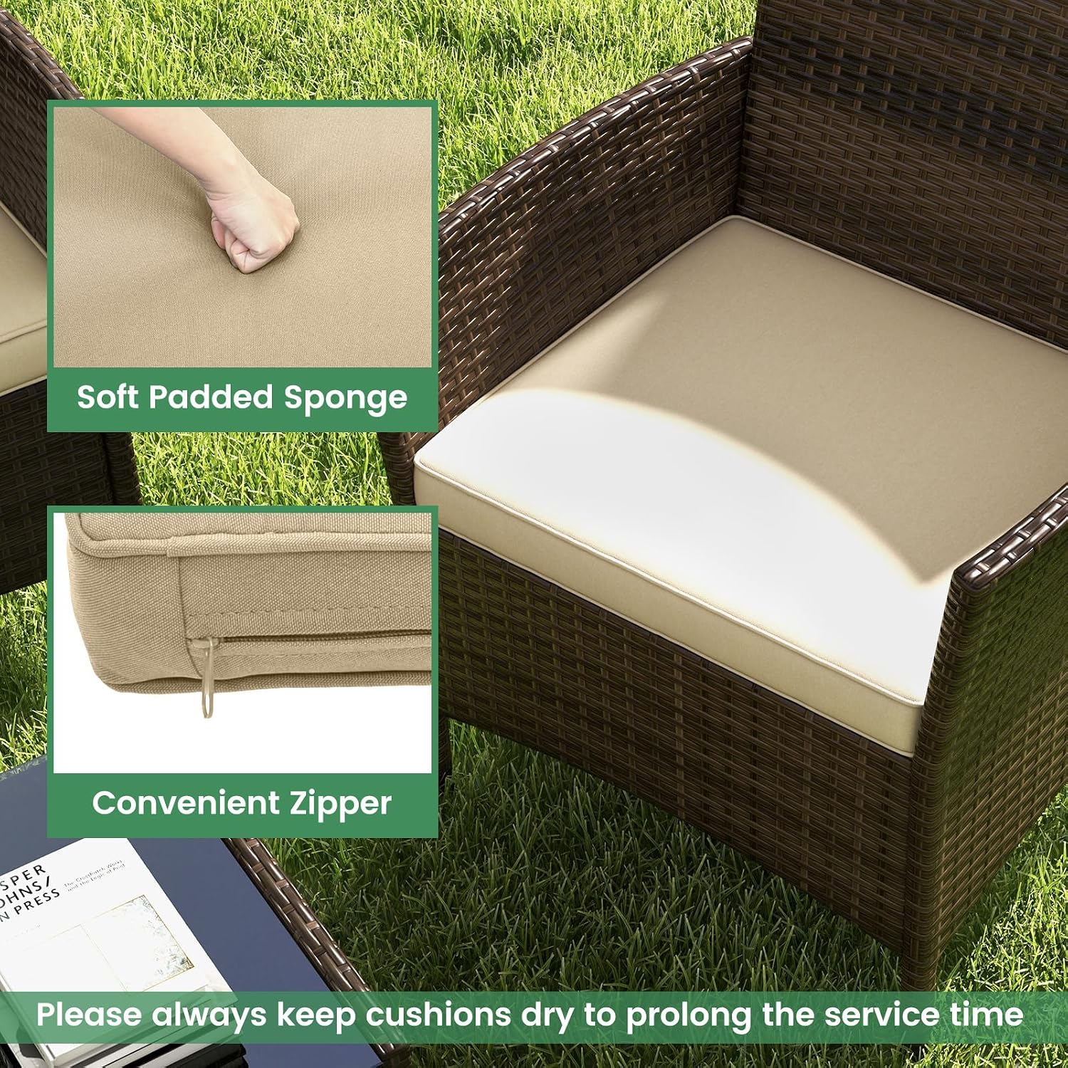 RELAX4LIFE 4-Piece Patio Furniture Set - Rattan Outdoor Conversation Bistro Set w/Cushions, Glass Coffee Table, Wicker Chairs & Loveseat for Garden Backyard Porch, Balcony Furniture Set (1, Beige)
