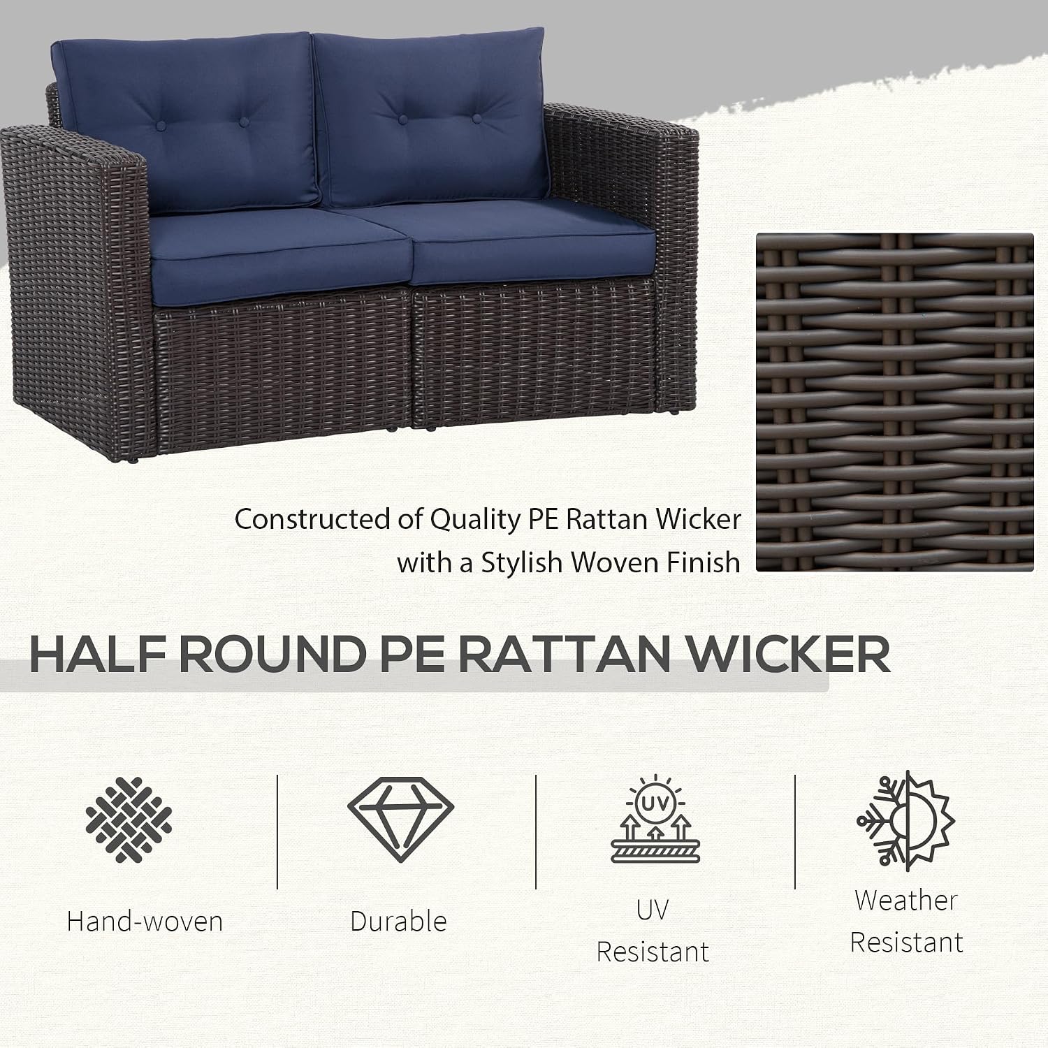 Outsunny 2 Piece Patio Wicker Corner Sofa Set, Outdoor PE Rattan Furniture, with Curved Armrests and Padded Cushions for Balcony, Garden, or Lawn, Dark Blue