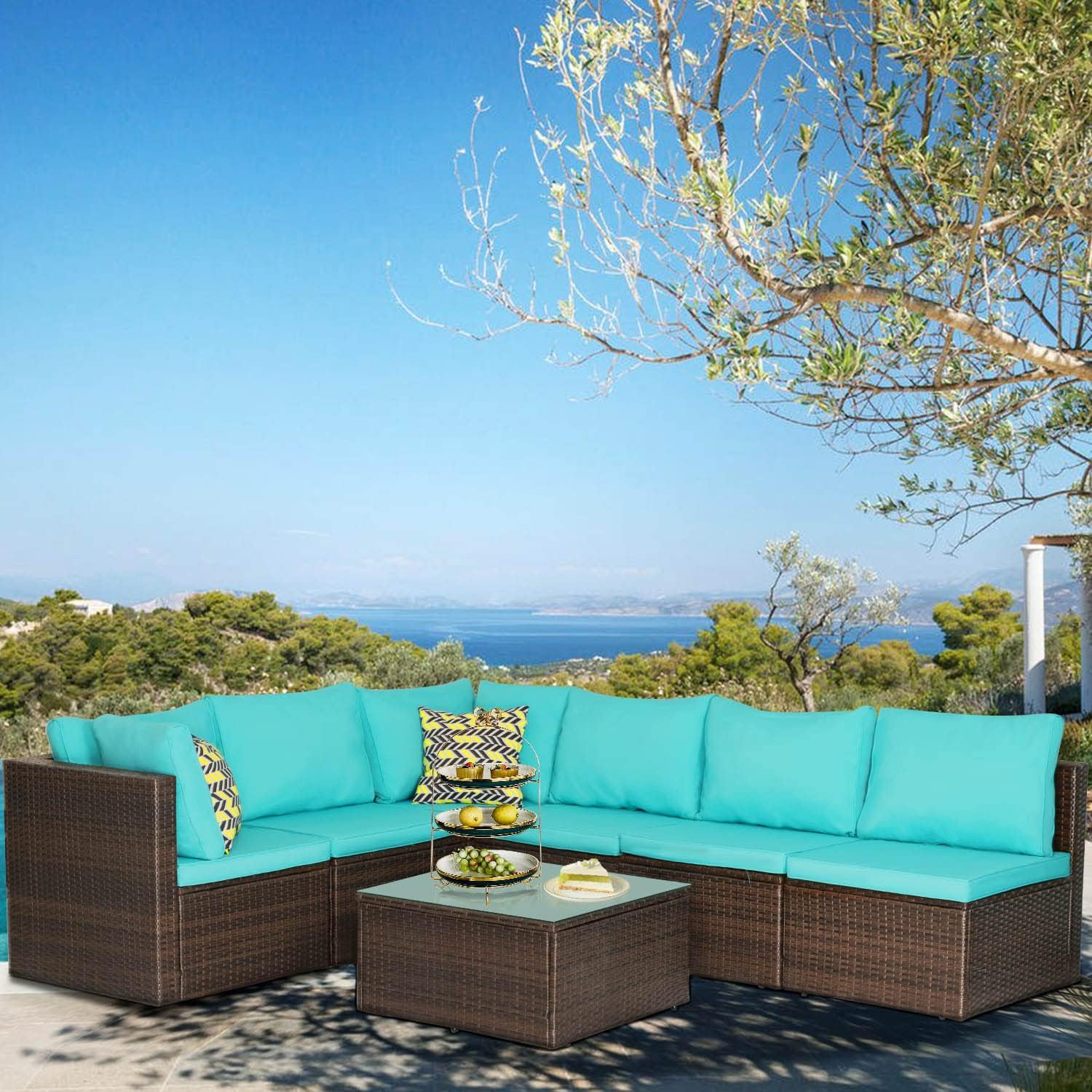 PayLessHere Patio Furniture Set 7 Pieces Outdoor Furniture Wicker Conversation Set Sectional Sofa and Coffee Table Wicker Patio Conversation Sets for Backyard Porch Balcony Poolside,Blue Cushion