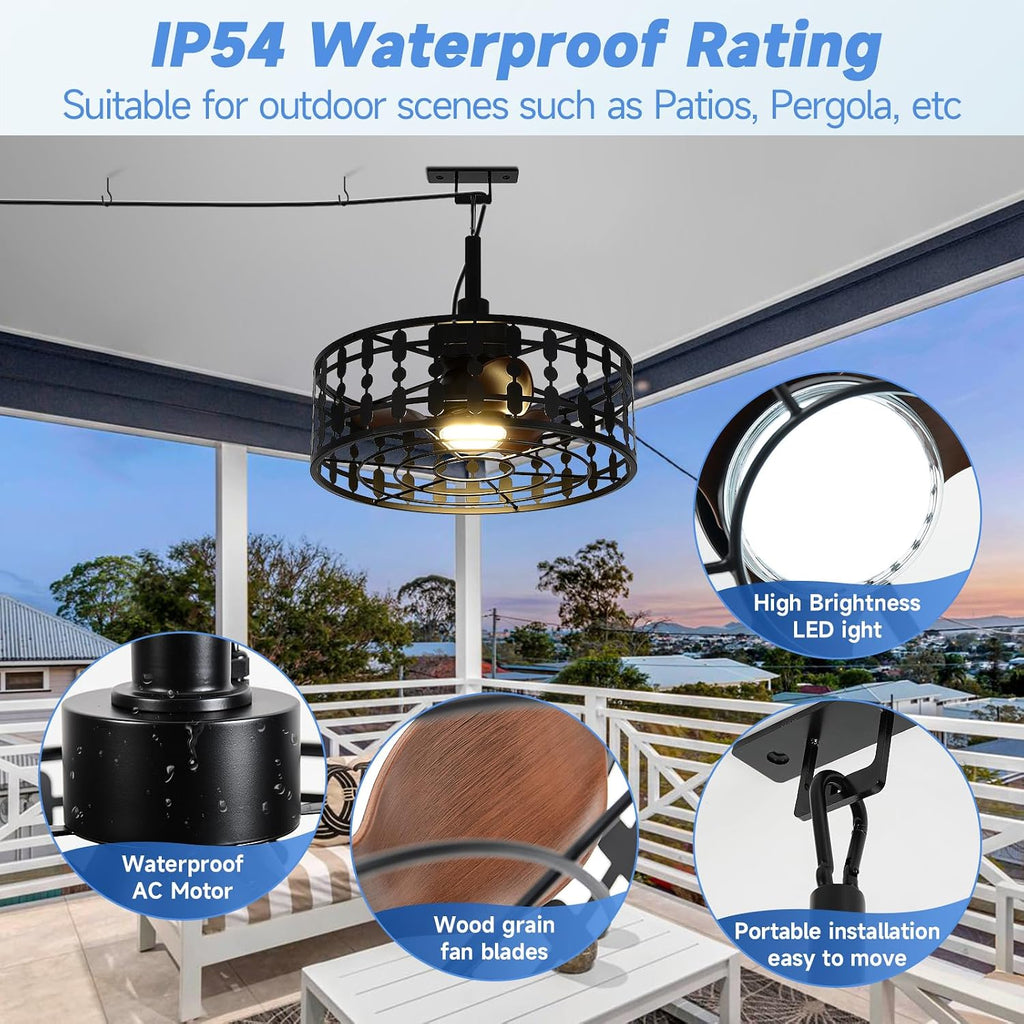ZHENYANGL 18.9' Outdoor Ceiling Fan with Light and Remote LED Black Industrial Caged Ceiling Fan Light Fixture with Hook IP 54 Waterproof Plug in Fan Lights for Patios, Porch, Pergola, Canopy, Gazebo