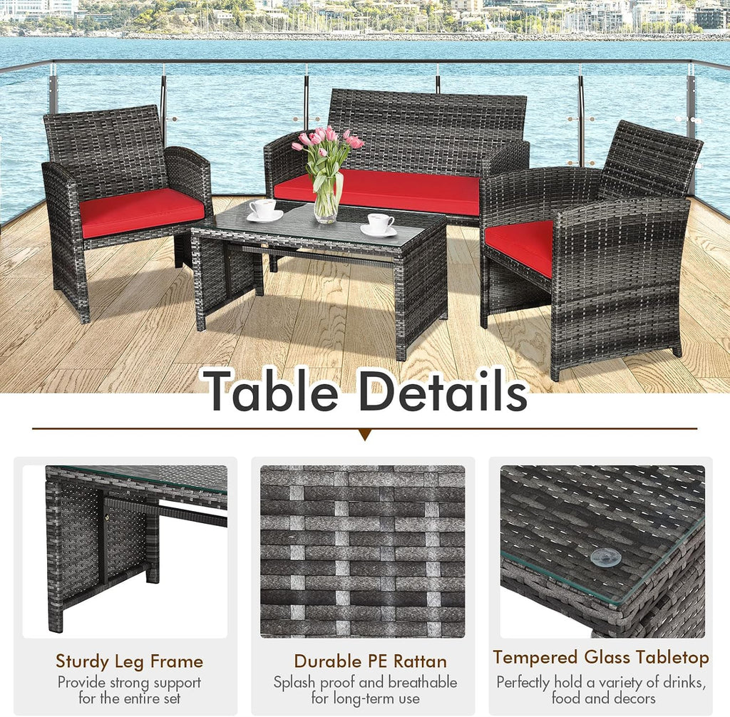 Giantex 4 Pc Patio Conversation Set, Rattan Loveseat & Patio Chairs with Cushioned Seat, Wicker Coffee Table, Outdoor Furniture Set for Front Porch Poolside Garden Lawn
