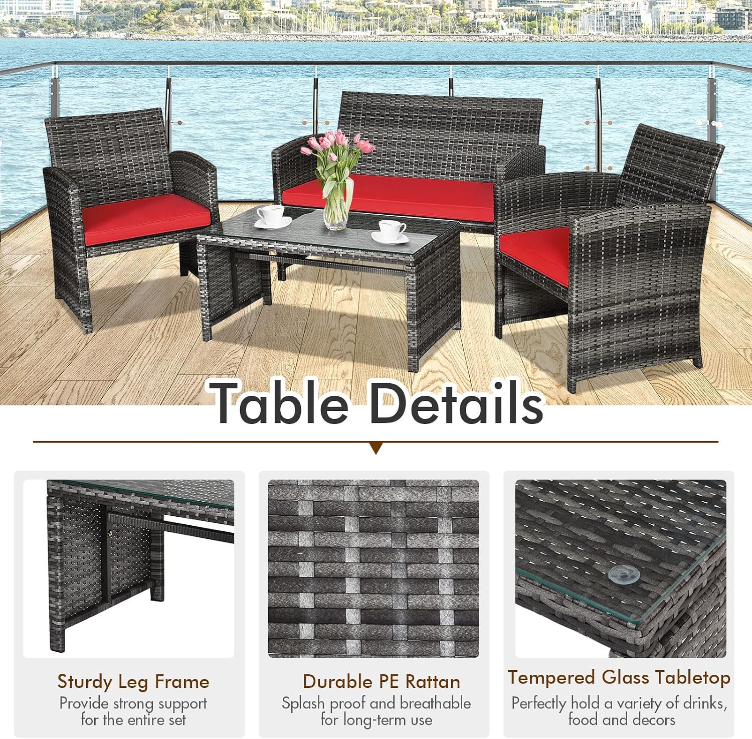 Giantex 4 Pc Patio Conversation Set, Rattan Loveseat & Patio Chairs with Cushioned Seat, Wicker Coffee Table, Outdoor Furniture Set for Front Porch Poolside Garden Lawn