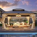 GARTOO 13'x15' Patio Wooden Gazebo, Galvanized Steel Roof Gazebo with Privacy Curtains and Netting, Double Vented Roof Hardtop Gazebos for Garden, Porch, Lawn, Poolside, Backyard Deck