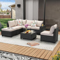 JOYURE 7 Pieces Patio Furniture Set All-Weather Outdoor Wicker Sectional Conversation Sofa Rattan Patio Seating Sofa with Cushion and Glass Table and Ottoman for Porch,Beige