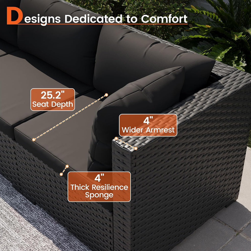 Patio Furniture Set, 7-Piece Outdoor Sectional All-Weather Wicker Patio Conversation Set for Backyard, Poolside, Garden, Black