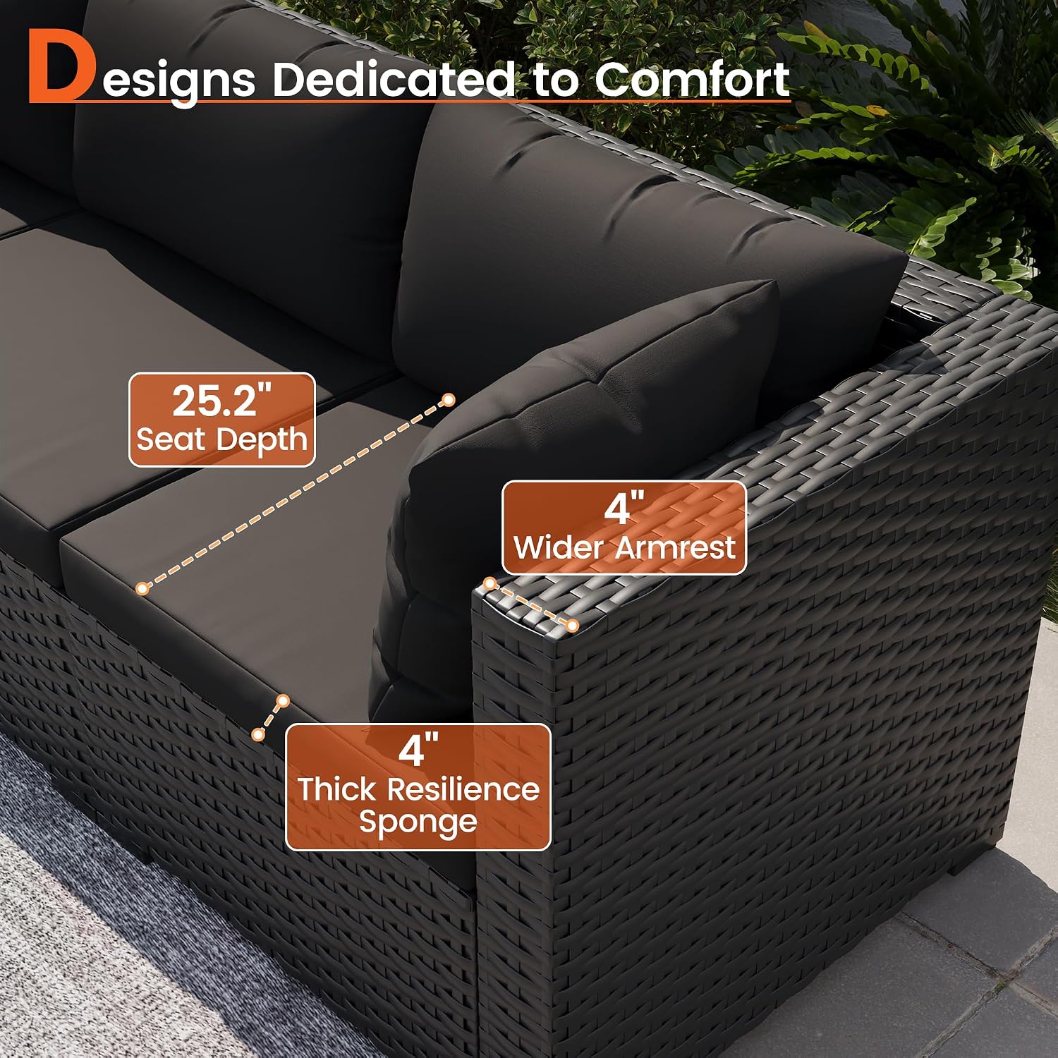 Patio Furniture Set, 7-Piece Outdoor Sectional All-Weather Wicker Patio Conversation Set for Backyard, Poolside, Garden, Black
