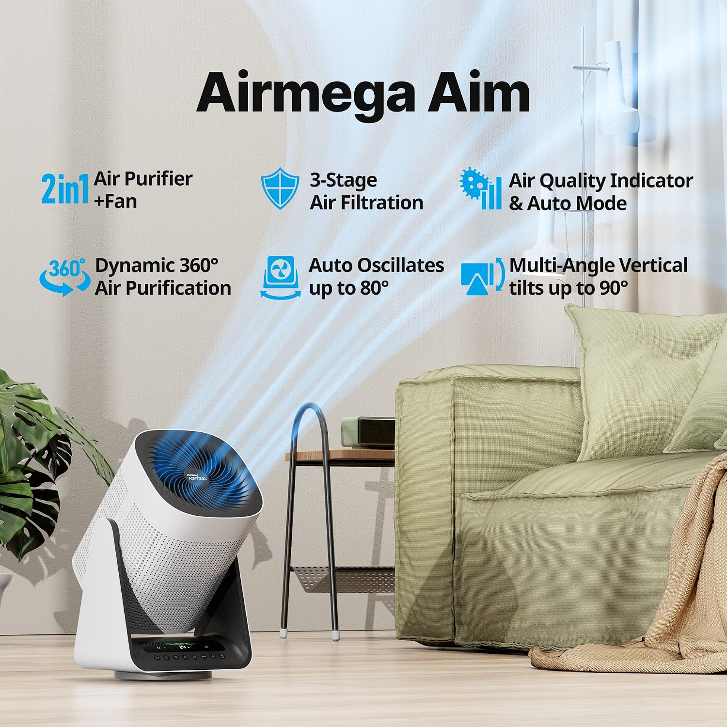 COWAY Air Purifier for Home Bedroom, 2-in-1 with Fan, Particulate Filter for Smoke, Allergies, Dander, Odor, Air Quality Monitor, Auto Mode, Remote Control, Timer, 3-Year Warranty, Aim, Marshmallow