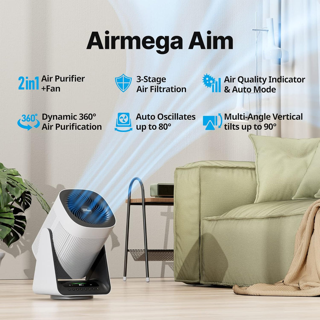 COWAY Air Purifier for Home Bedroom, 2-in-1 with Fan, Particulate Filter for Smoke, Allergies, Pet Dander, Odor, Air Quality Monitor, Auto Mode, Remote Control, Timer, 3-Year Warranty, Aim, White
