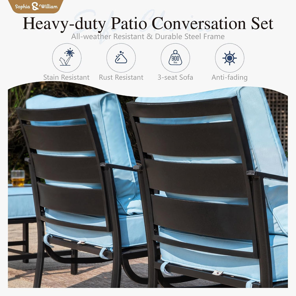 Sophia & William Patio Furniture Sets 7 Seats Outdoor Conversation Set 6 Pcs,2 x Cushioned Swivel Sofa Chairs,1 x 3-Seat Sofa,2 Ottomans, Marbling Metal Coffee Table Patio Backyard Poolside Blue