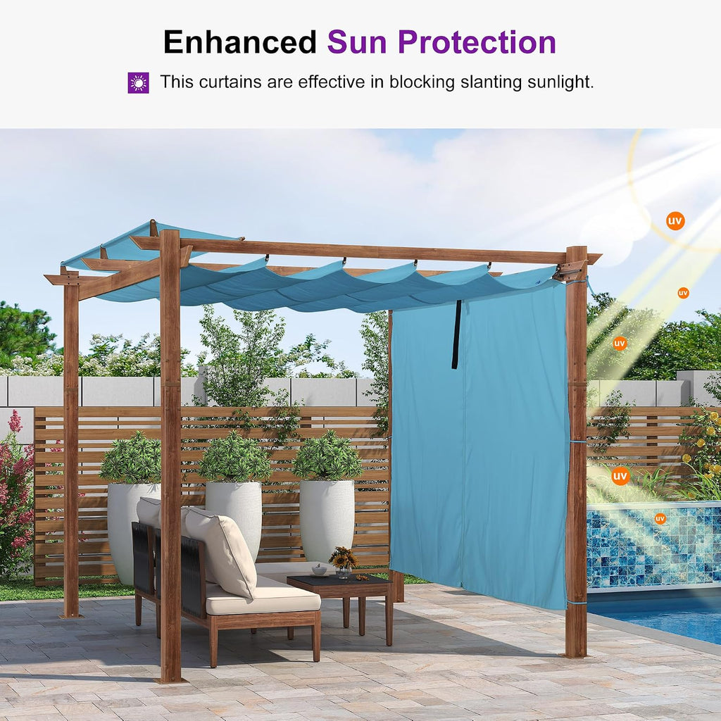 PURPLE LEAF 10' x 10' Pergola with Curtains Outdoor Retractable Pergola Patio Metal Shelter for Garden Porch Natural Wood Grain Frame Gazebo Modern Yard Grill Pergolas with Shade Canopy Turquoise Blue