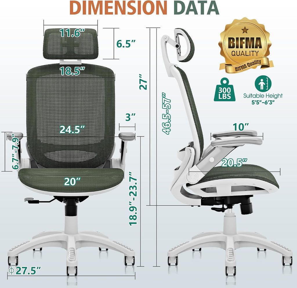 GABRYLLY Ergonomic Office Chair, High Back Home Desk Chair with Headrest, Flip-Up Arms, 90-120° Tilt Lock and Wide Cushion, 300LBS Mesh Chairs for Man Woman, White Task Chair(Olive Green,GY01WOG)