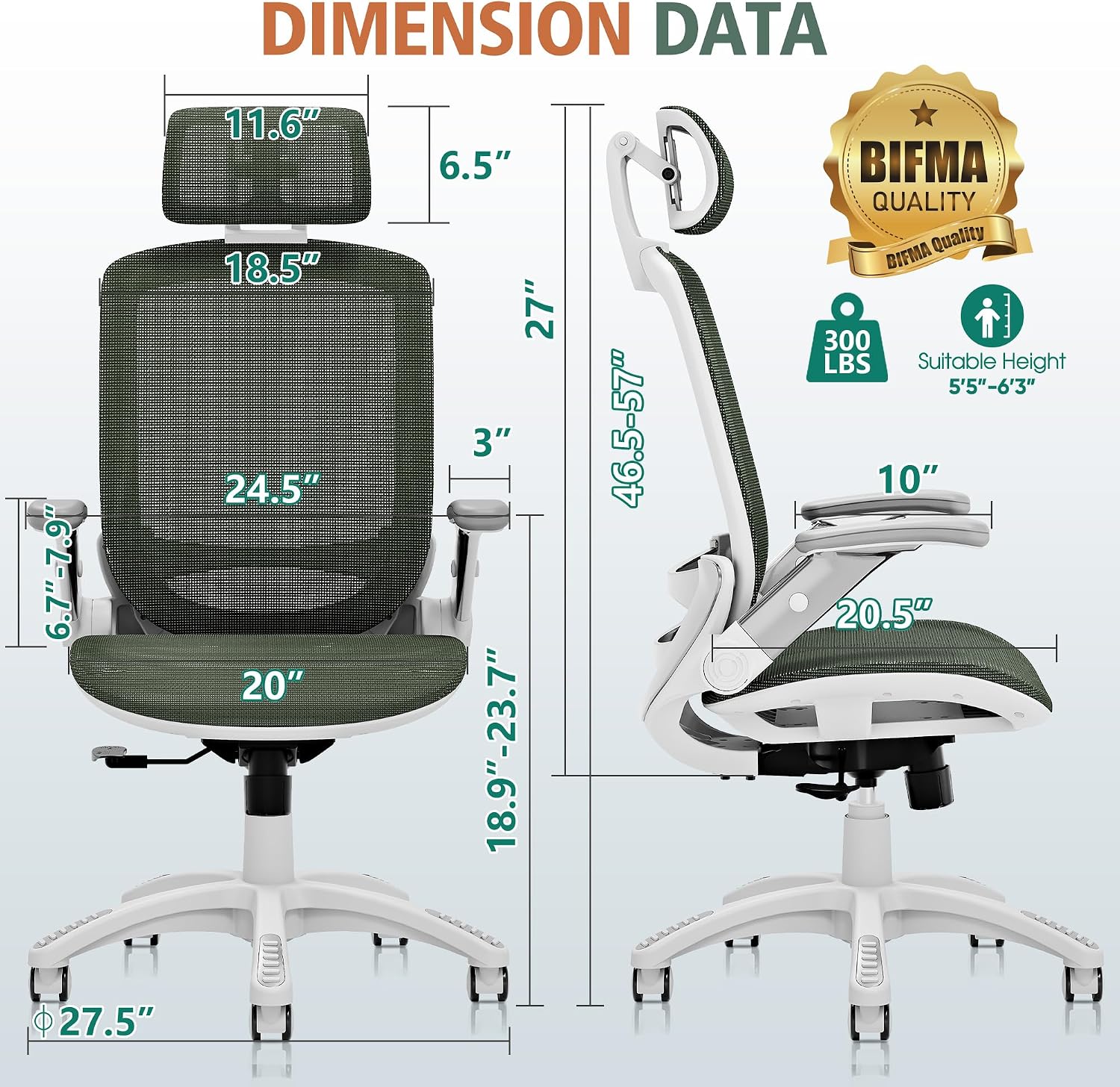 GABRYLLY Ergonomic Office Chair, High Back Home Desk Chair with Headrest, Flip-Up Arms, 90-120° Tilt Lock and Wide Cushion, 300LBS Mesh Chairs for Man Woman, White Task Chair(Olive Green,GY01WOG)