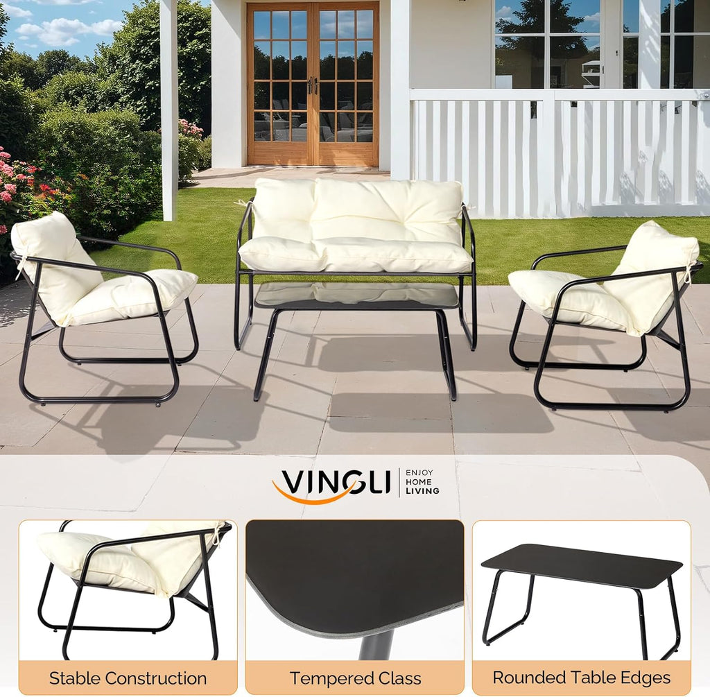 VINGLI 4 Piece Patio Conversation Set, Outdoor Furniture Set with Glass Coffee Table & Comfortable Cushion, All-Weather Cushioned Seating for Garden, Backyard, Porch, White