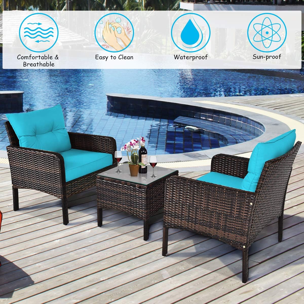 Tangkula 3 Piece Wicker Chairs with Glass Top Coffee Table, Thick Cushions, All Weather Garden Lawn Poolside Backyard Porch Outdoor Patio Furniture Set for 2 (Turquoise)
