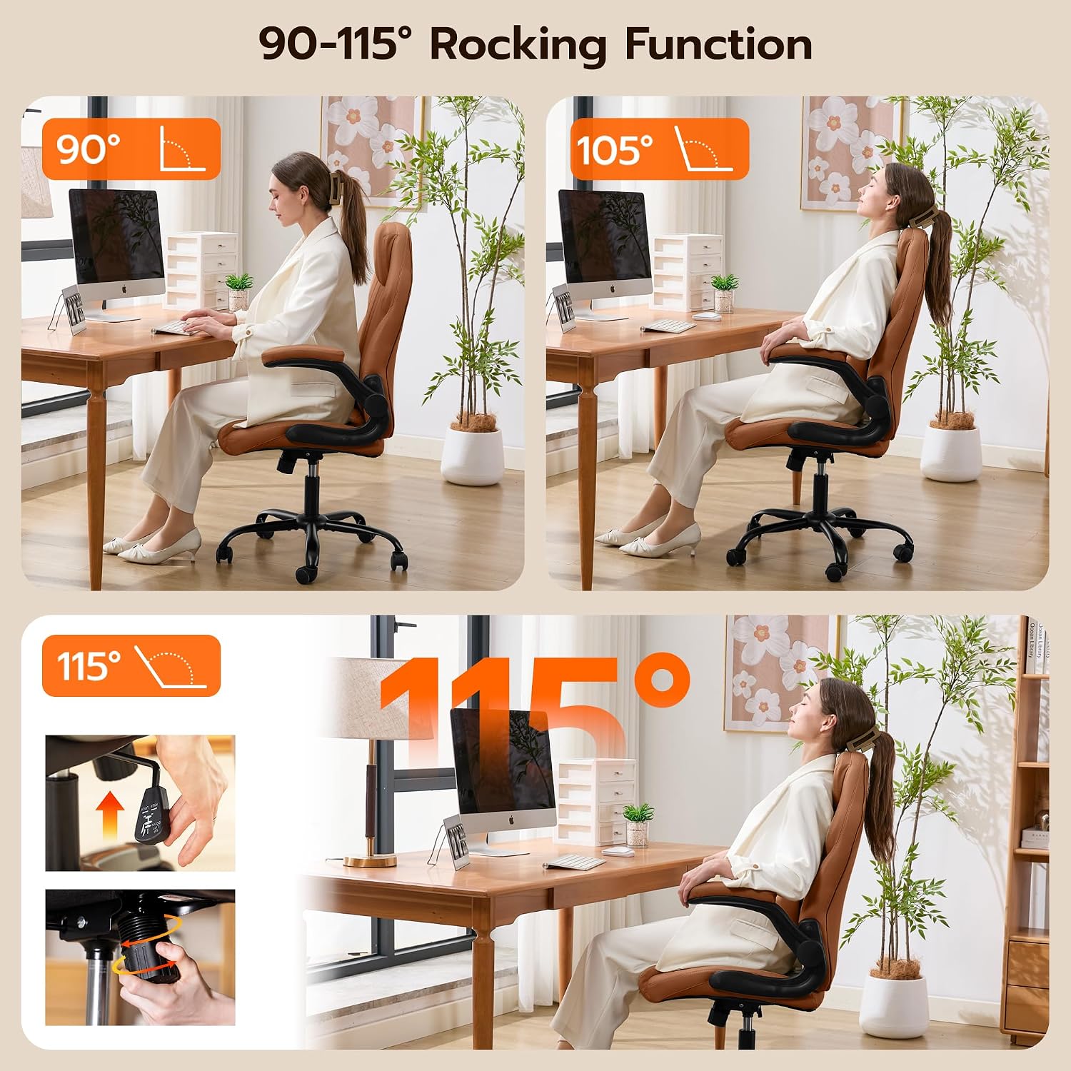 Ylzyxal Office Desk Chair, Ergonomic Computer Chair with Padded Flip-Up Arms and Adjustable Lumbar Support, PU Leather Executive Chair with Tilt Lock and 360° Swivel Rolling Wheels for Work, Study