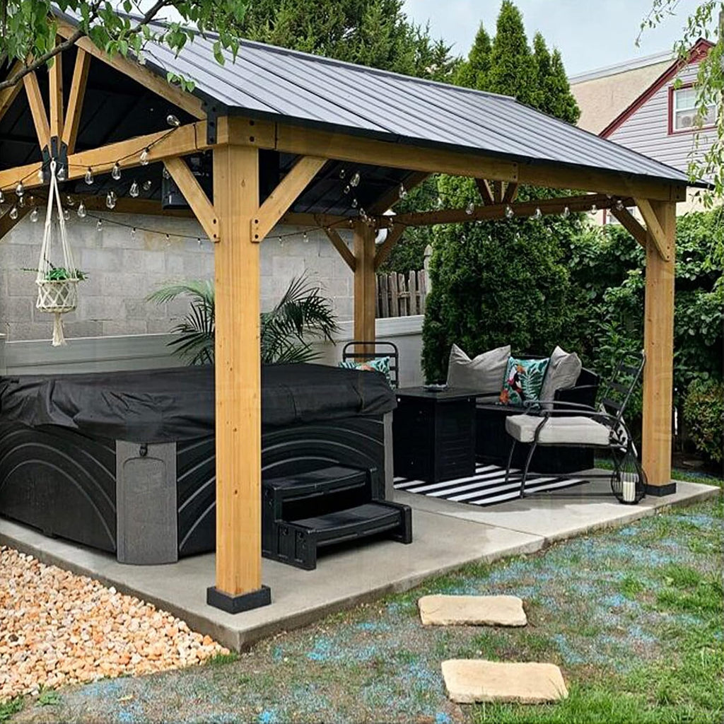 EAGLE PEAK 11x13 Hardtop Gazebo, Exposed Beam A-Frame Gazebo, Galvanized Steel Gable Roof with Cedar Wood Frame, Outdoor Pavilion for Patio, Deck, Lawn and Garden, Natural Wood/Black