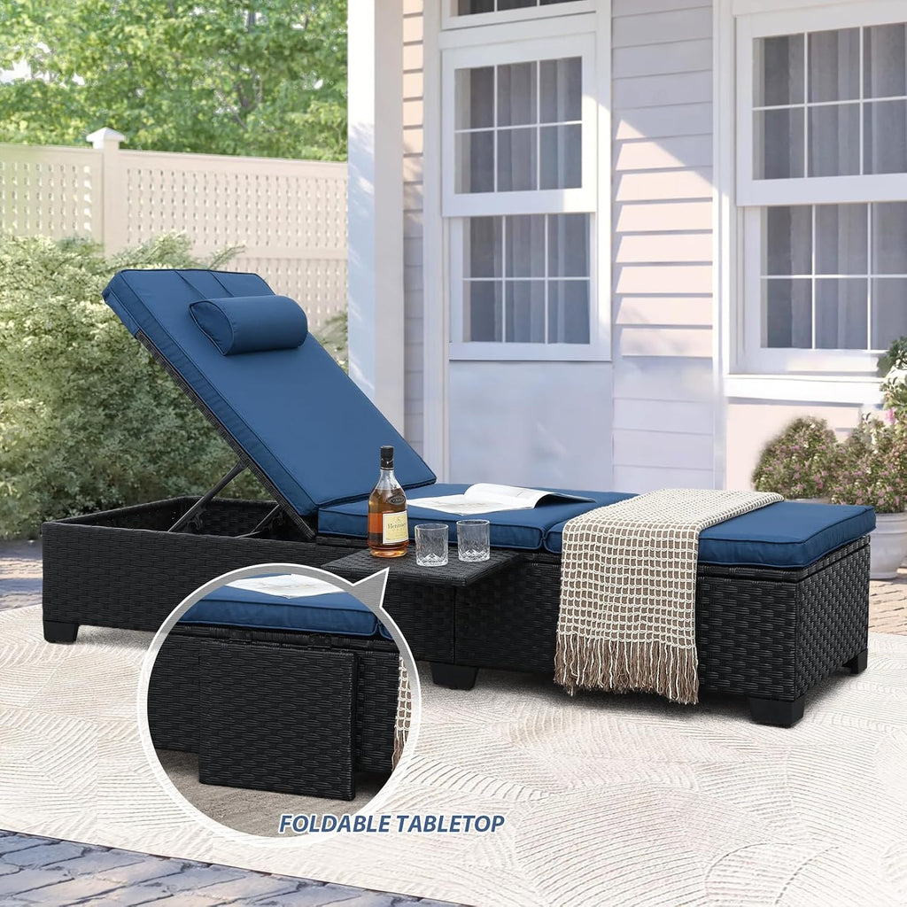 WAROOM Outdoor Chaise Lounge Chairs for Outside Patio Furniture Set of 2 Wicker Recliner Black Rattan Sunbathing Lounger Adjustable Backrest Pool Reclining Chair, Navy Blue Cushion