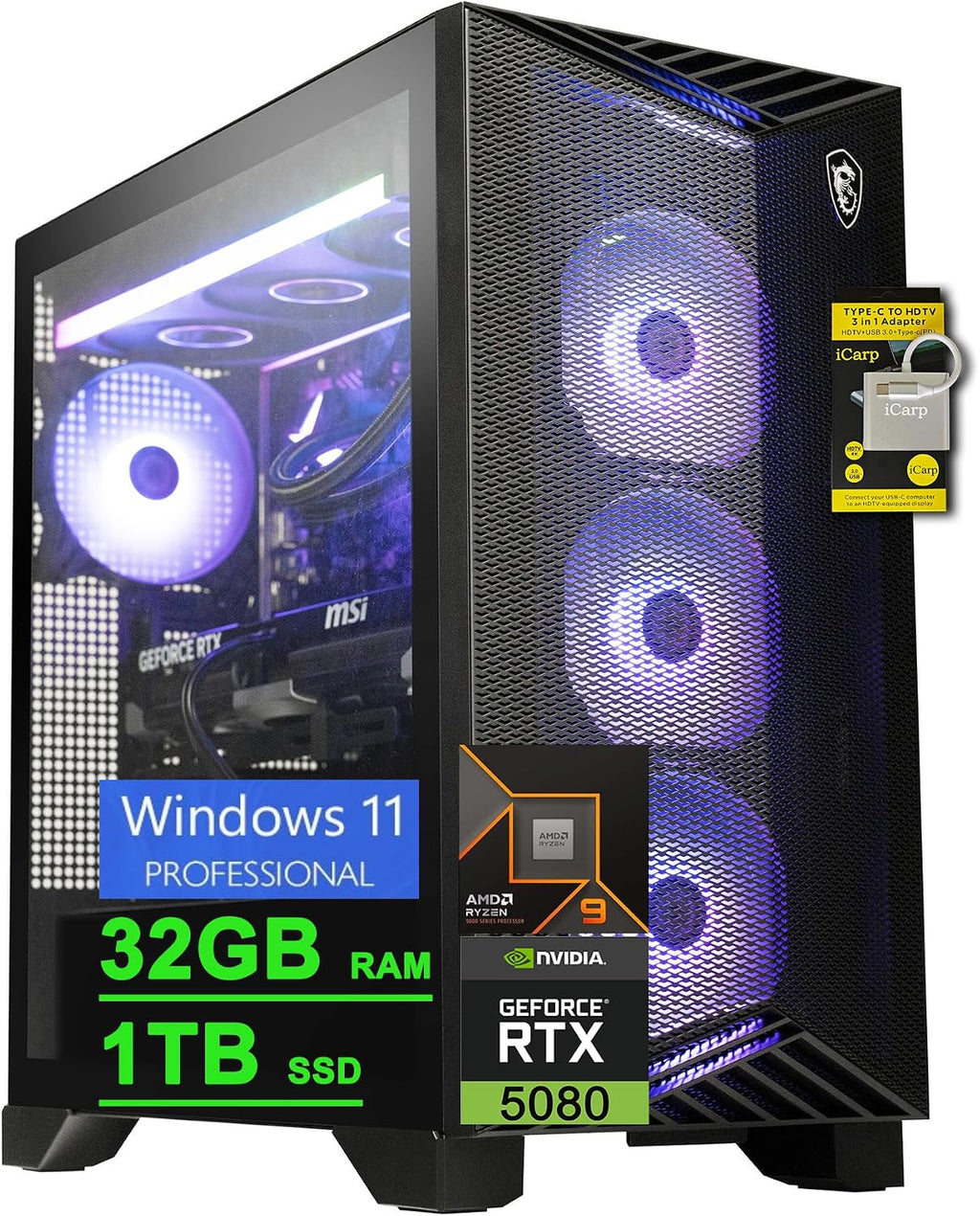 msi Aegis ZS2 Gaming Desktop AMD 12-core Zen 5 Ryzen 9 9900X (Beats i9-14900HX) 32GB DDR5 1TB SSD GeForce RTX 5080 DLSS4 360mm Liquid Cooler 850W 80+ Gold PSU Support HDD Win11Pro ICP Hub