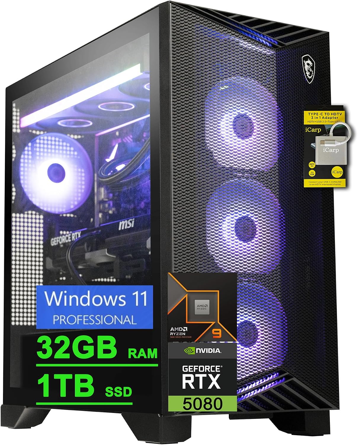 msi Aegis ZS2 Gaming Desktop AMD 12-core Zen 5 Ryzen 9 9900X (Beats i9-14900HX) 32GB DDR5 1TB SSD GeForce RTX 5080 DLSS4 360mm Liquid Cooler 850W 80+ Gold PSU Support HDD Win11Pro ICP Hub