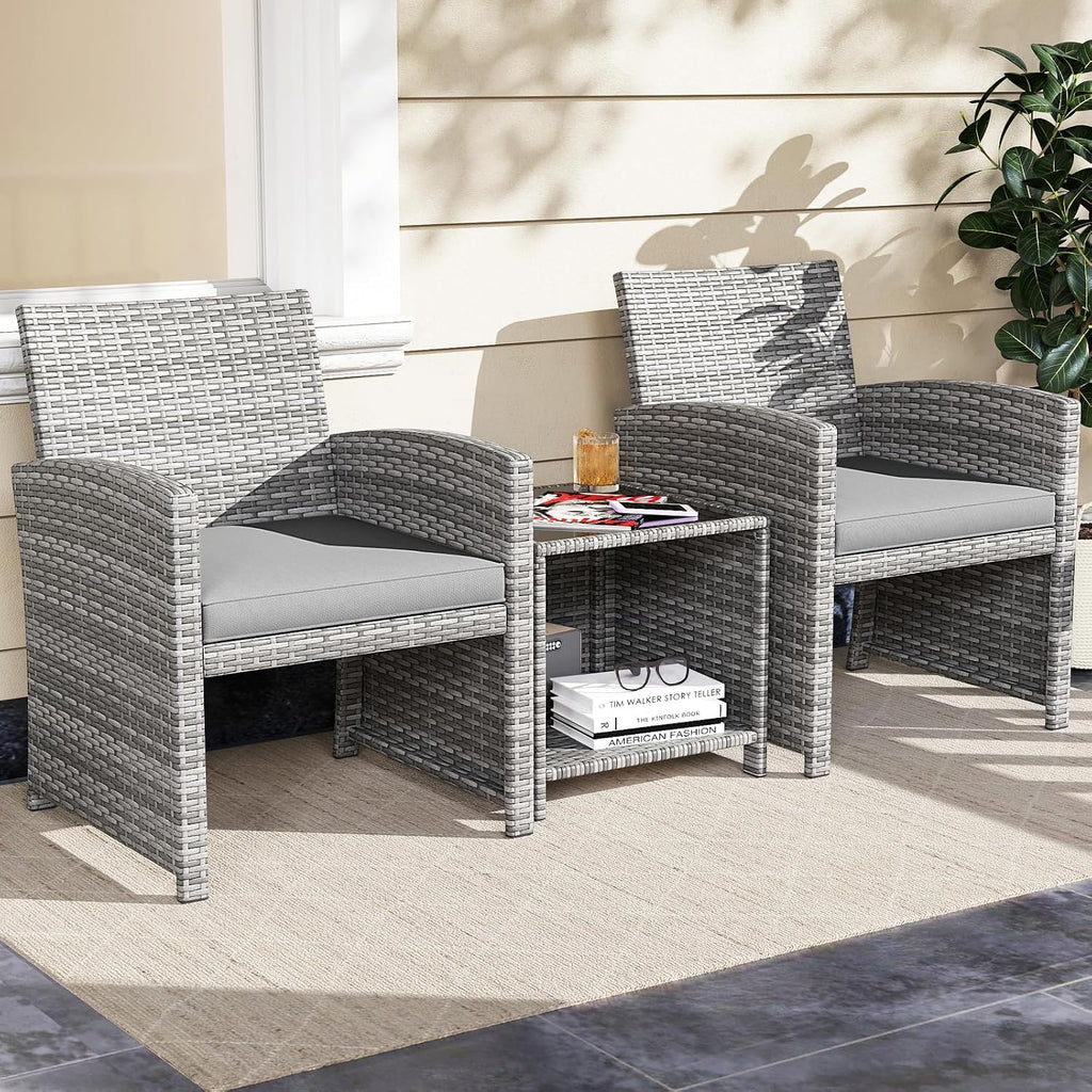 KOTEK 3 Piece Patio Furniture Set, Outdoor Wicker Patio Chairs with Cushions & Storage Table, PE Rattan Bistro Set for Porch, Backyard, Balcony (Grey)