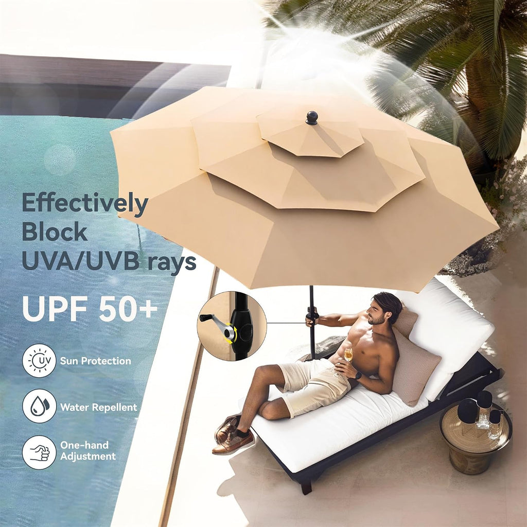 PHI VILLA 5 Pcs Outdoor Patio Dining Set with 10 Ft Umbrella(Beige), Patio Table and Chairs Set for 4 with Folding Patio Chairs (Blue) & Square Metal Outdoor Dining Table for Yard, Lawn and Outside