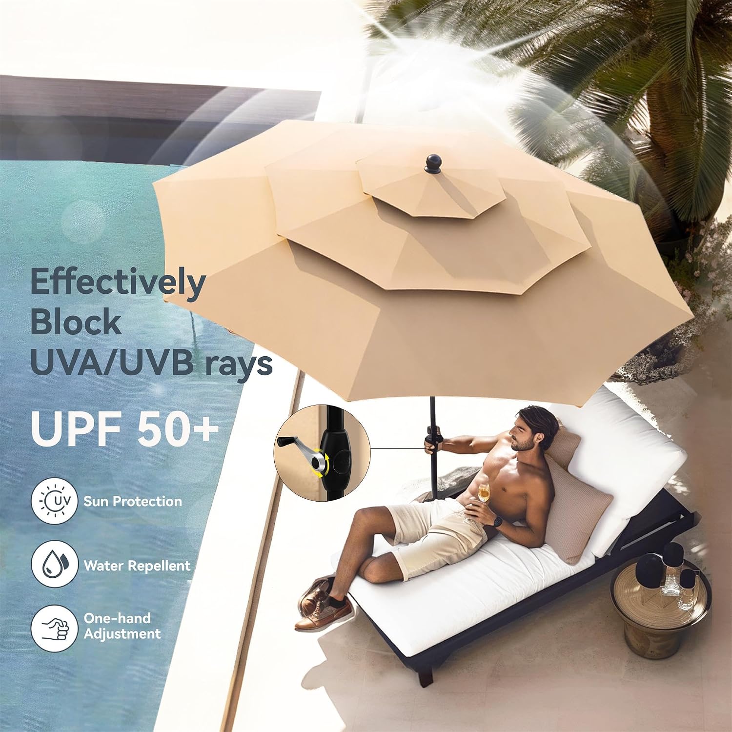 PHI VILLA 5 Pcs Outdoor Patio Dining Set with 10 Ft Umbrella(Beige), Patio Table and Chairs Set for 4 with Folding Patio Chairs (Blue) & Square Metal Outdoor Dining Table for Yard, Lawn and Outside