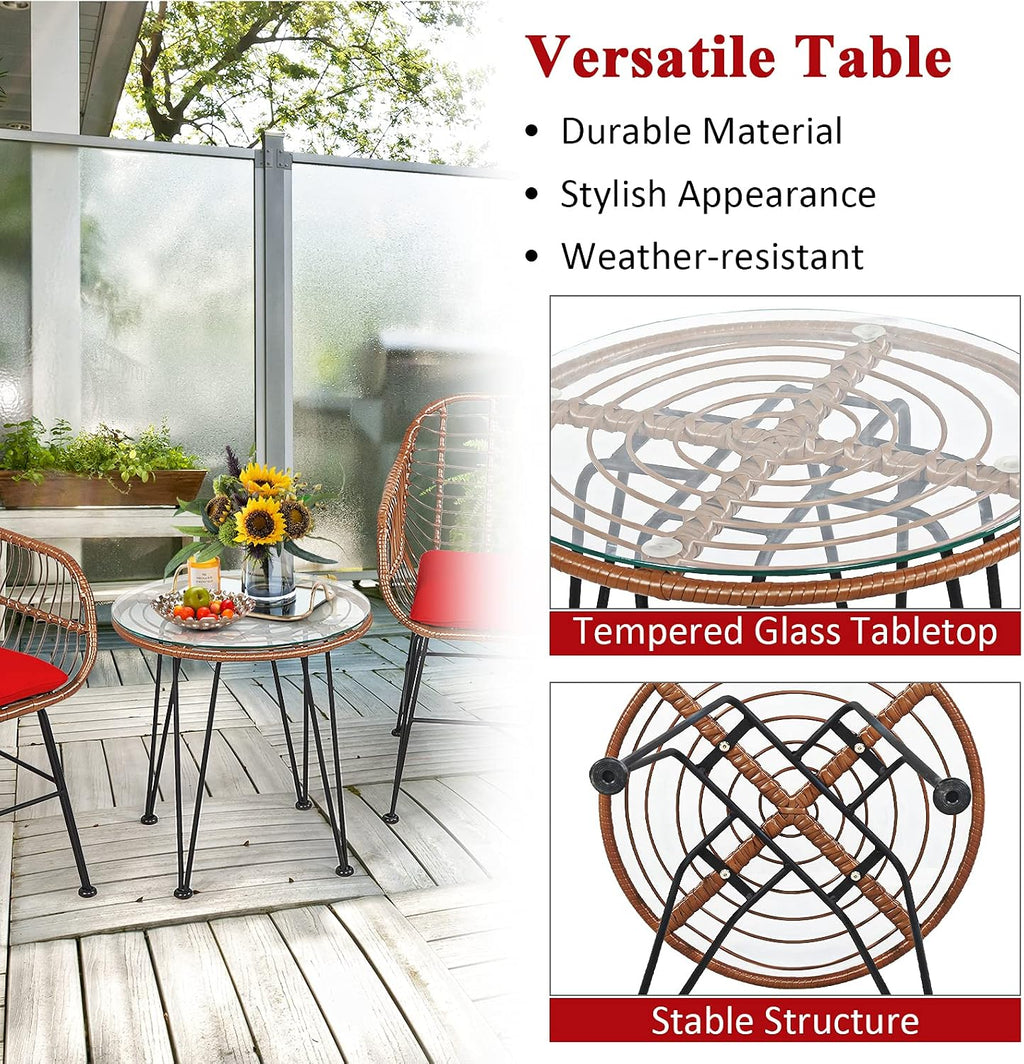 Tangkula 3 Pieces Patio Conversation Bistro Set, Outdoor Wicker Furniture w/Round Tempered Glass Top Table & 2 Rattan Armchairs, Bistro Chat Set w/Seat Cushions for Porch, Backyard, Garden