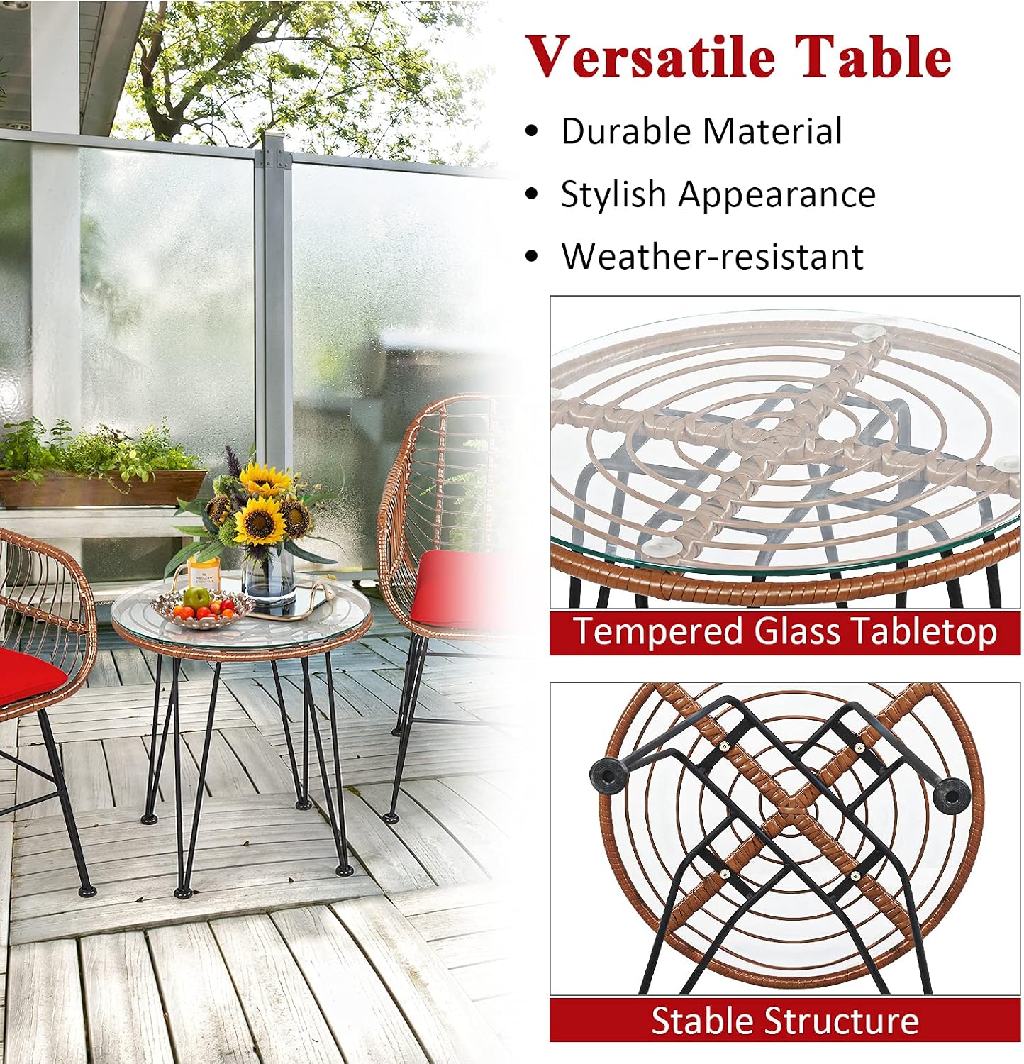 Tangkula 3 Pieces Patio Conversation Bistro Set, Outdoor Wicker Furniture w/Round Tempered Glass Top Table & 2 Rattan Armchairs, Bistro Chat Set w/Seat Cushions for Porch, Backyard, Garden