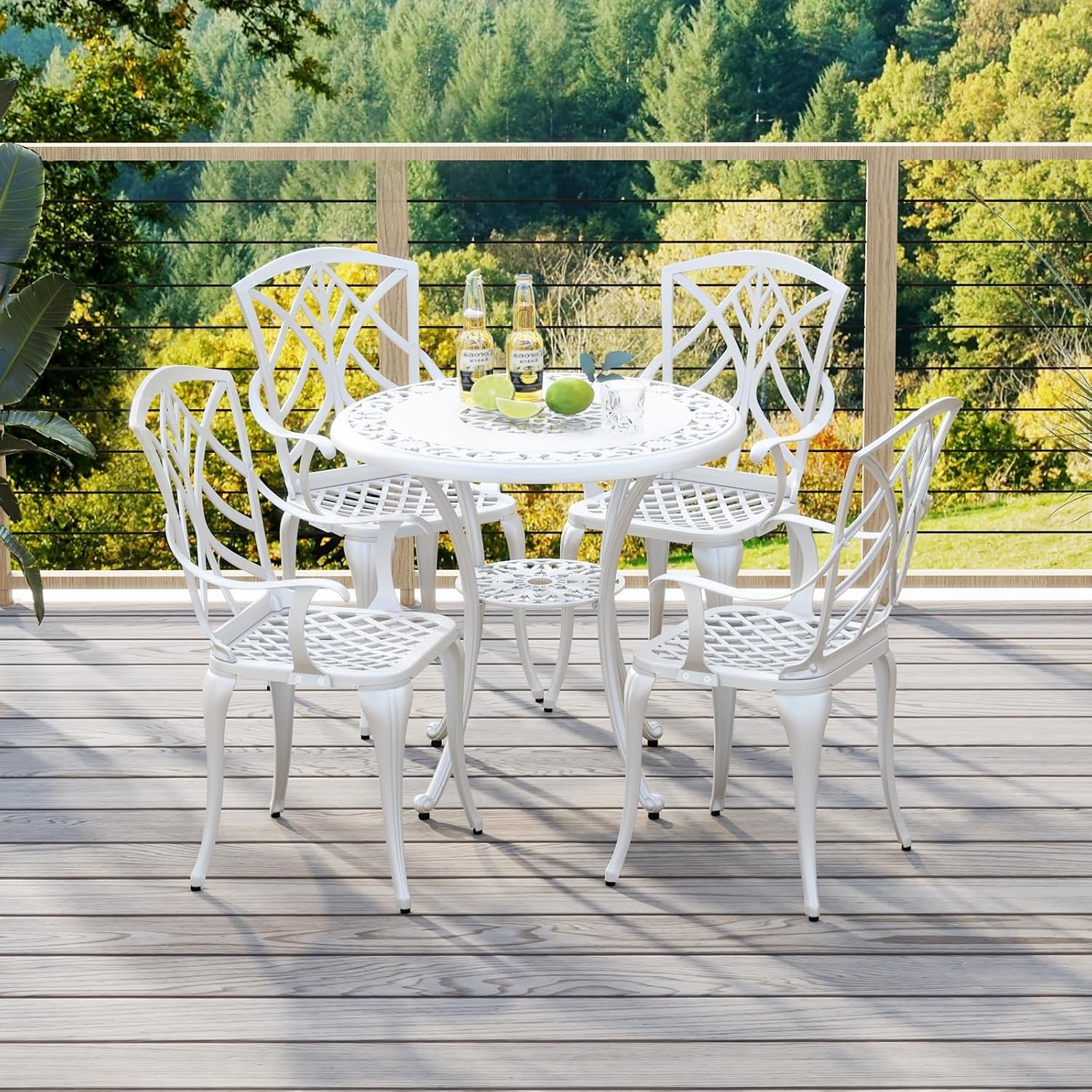 Tangkula 5 Pieces Cast Aluminum Outdoor Dining Set, Round Dining Table with 2' Umbrella Hole & 4 Armchairs, All-Weather Outdoor Furniture Set for Patio, Balcony, Garden & Backyard, White
