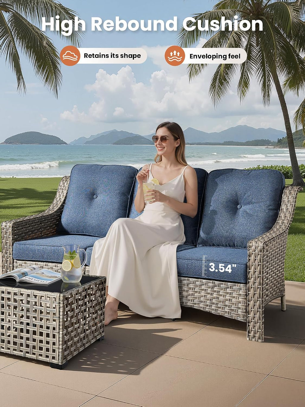 ovios 5 Piece Outdoor Patio Furniture with 3 Seat Sofa,Rattan Wicker Coversation Set with Swivel Rocking Chair,Balcony Sofa Set with Shiny Table for Outside Porch Backyard Pool, Blue