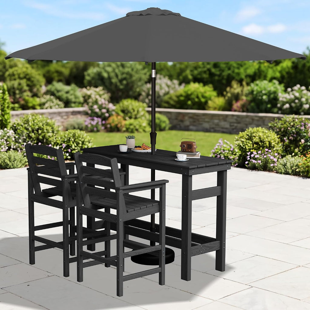 SERWALL Outdoor Bar Set with 9ft Umbrella, All-Weather HDPE Patio Bar Chairs and Table, Outdoor Furniture Set, Black (Umbreall Base not Included)