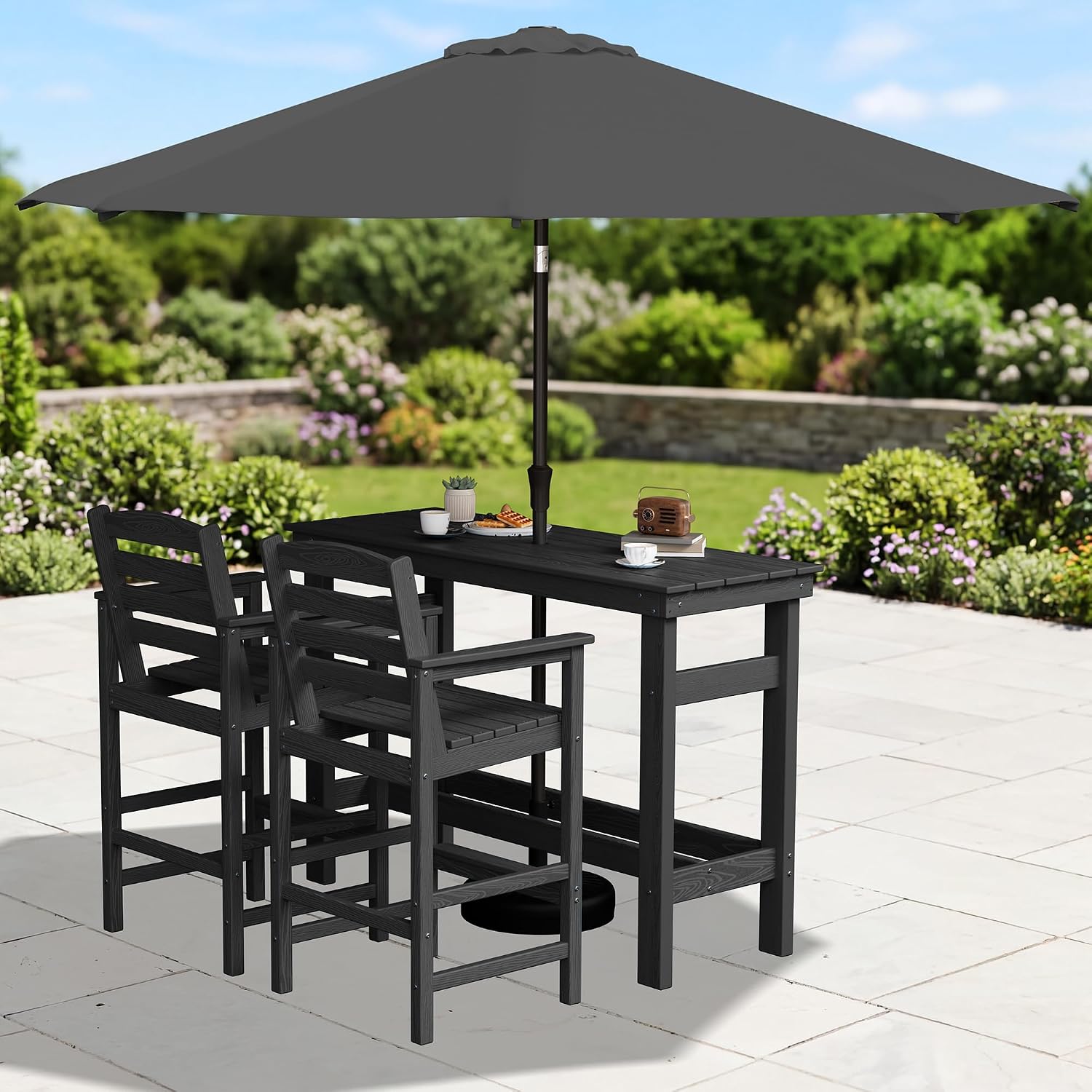 SERWALL Outdoor Bar Set with 9ft Umbrella, All-Weather HDPE Patio Bar Chairs and Table, Outdoor Furniture Set, Black (Umbreall Base not Included)