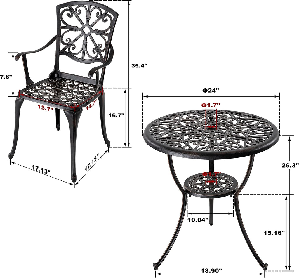 NUU GARDEN 3 Piece Outdoor Bistro Set Cast Aluminum Bistro Table Set Patio Table and Chairs with Umbrella Hole for Backyard, Balcony, Front Porch, Black