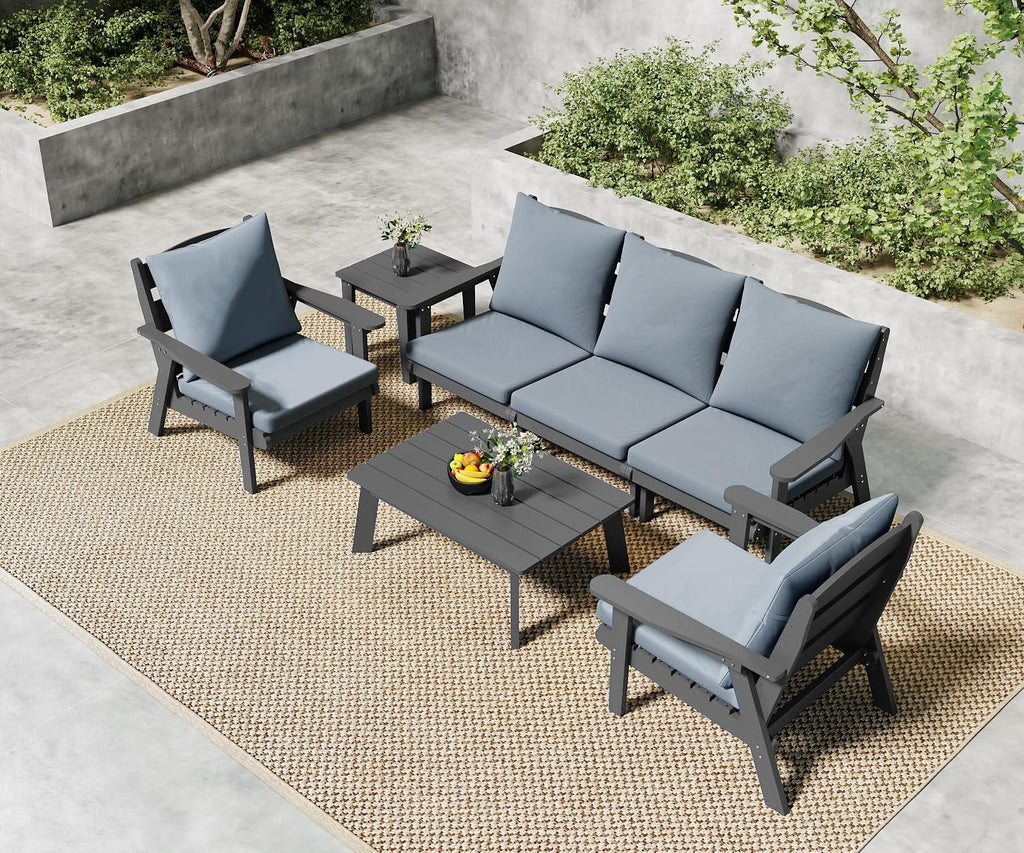 FOOWIN 7-Piece Patio Furniture Set, HDPE All-Weather Outdoor Conversation Set with Thick Cushions, Sectional Patio Sofa Furniture for Deck, Porch, Lawn, Garden, Grey Frame & Grey Cushion