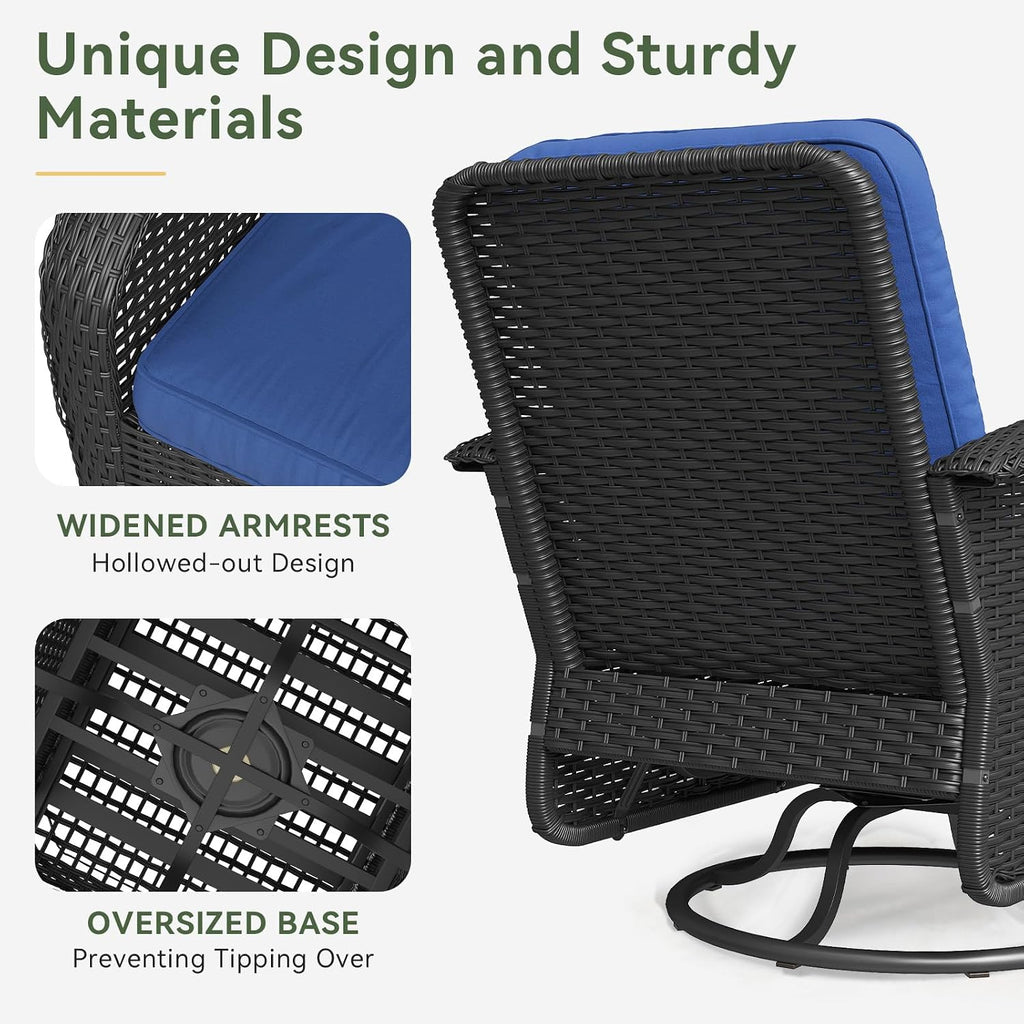 Aoxun 3 Pieces Patio Furniture Set, Patio Swivel Rocker Chairs Set of 2, Wicker Outdoor Bistro Set with Rocking Chair, Thickened Cushions and Table for Porch (Navy Blue)